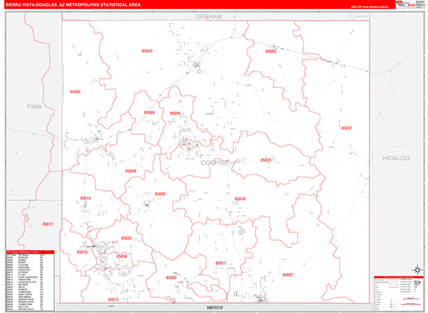 Sierra Vista-Douglas Metro Area Wall Map Red Line Style